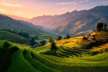 Fototapeta premium Landscape view breathtaking of terraced rice fields surrounded by mountains bathed in warm orange glow of setting sun with layers of vibrant green fields and soft shadows enhancing the natural beauty.