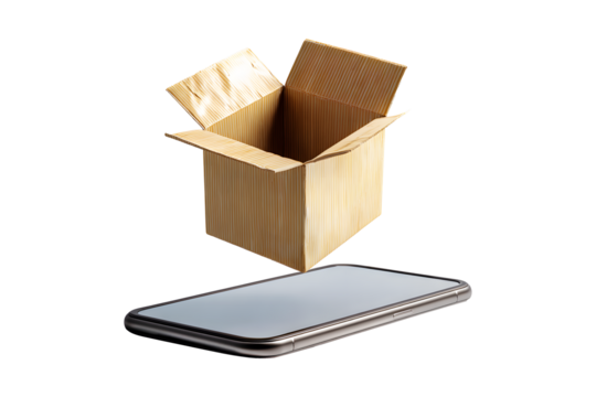 Online transportation in smartphone logistic concept isolated on cutout PNG or transparent background.  Delivery shopping e-commerce. Paper bag cardboard or box package emerging from smartphone screen