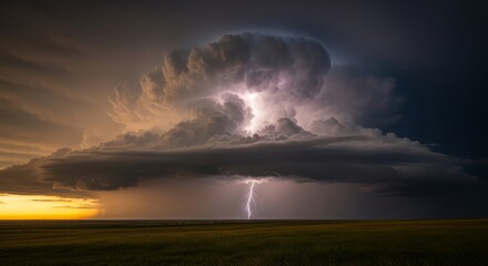 Powerful lightning strike illuminates a dramatic storm cloud over a vast open landscape at dusk