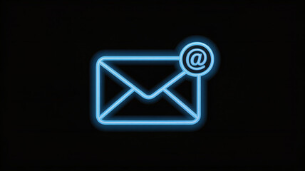 Blue neon email envelope icon with at symbol notification glowing on a dark background, digital communication concept