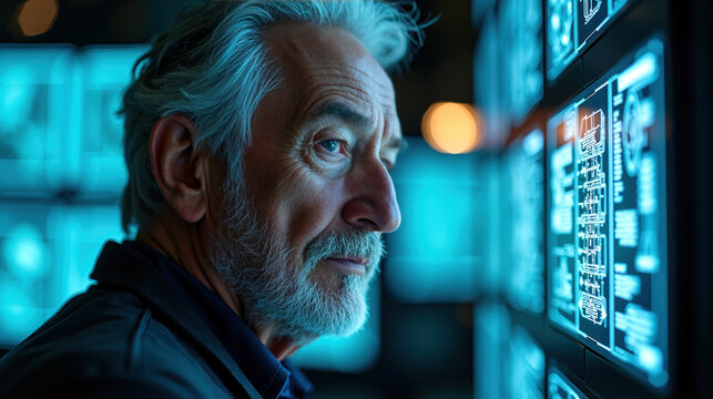 Nanotechnologist examining digital circuit display in modern laboratory