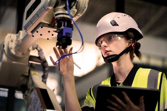 A woman in a yellow and black vest is working on a robot