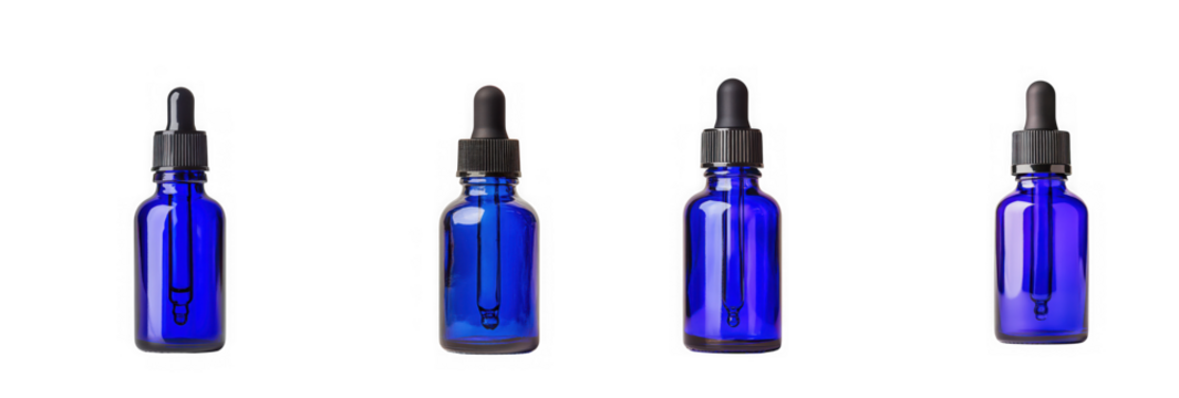 Four blue glass dropper bottles with black caps isolated on transparent background