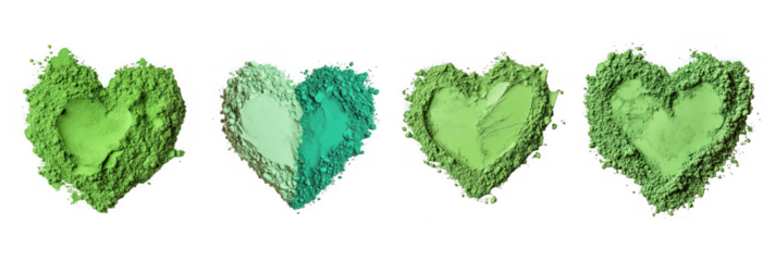 Four green heart shapes made of powder, isolated on transparent background