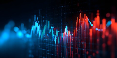 Abstract digital representation of financial market trends with upward and downward fluctuations in blue and red hues