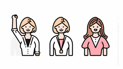 Illustration of three women with different hairstyles and outfits, one with raised fist in empowerment pose | editable eps vectors silhouette