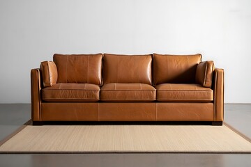 Fototapeta premium Classic tan leather three seat sofa on a light rug