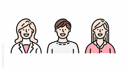 Three cartoon people with different hairstyles and outfits smiling side by side on a white background | editable eps vectors silhouette