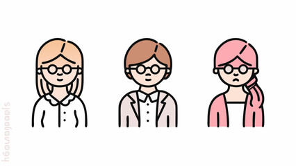Three cartoon characters with glasses and different hair colors standing next to each other smiling softly | editable eps vectors silhouette
