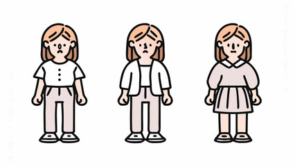 Three cartoon women with different outfits standing side by side with sad expressions in a simple style | editable eps vectors silhouette