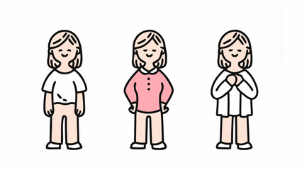 Three cartoon women with short hair and different outfits standing side by side on a white background | editable eps vectors silhouette