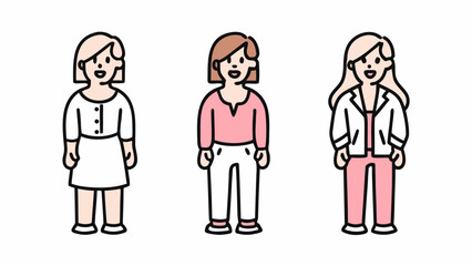 Three cartoon women standing side by side wearing different outfits with various hair styles and colors | editable eps vectors silhouette