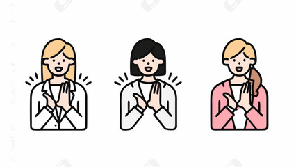 Three women clapping hands with different hair and clothing styles in a line on a white background | editable eps vectors silhouette