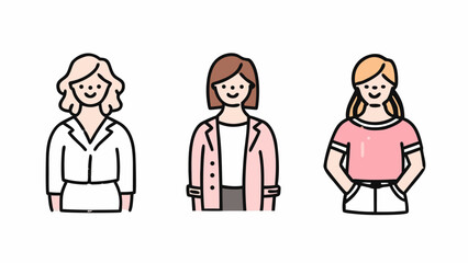 Three cartoon women standing side by side wearing different outfits and hairstyles in a simple drawing style | editable eps vectors silhouette