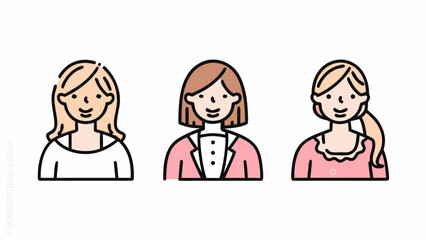 Illustration of three women with different hairstyles and outfits in a cartoon style on a white background | editable eps vectors silhouette