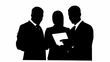 Silhouette of three business people in suits looking at a document in black and white illustration | editable eps vectors