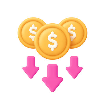 Gold coins and pink arrows pointing downward. Financial loss, currency drop, stock market decline, price reduction and economic downturn concept. 3d vector icon. Cartoon minimal style.