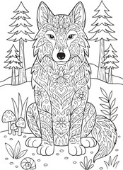 Intricate mandala wolf illustration for adult coloring pages, surrounded by forest elements.