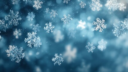 Magical falling snowflakes on soft blue background with gentle blur effect creating a peaceful winter scene, perfect for christmas and holiday designs featuring a calm seasonal atmosphere and festive 