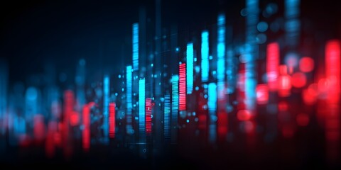 Abstract digital representation of financial market data with glowing blue and red vertical bars against a dark background