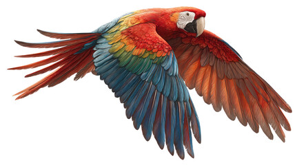 Obraz premium Vibrant scarlet macaw flying with colorful red, yellow, and blue feathers showing tropical wildlife bird in motion isolated on white background