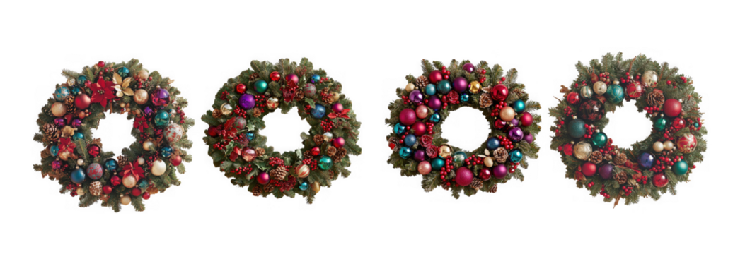 Four festive christmas wreaths decorated with baubles and pine needles isolated on transparent background