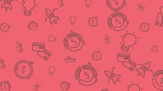 Animated seamless background featuring doodle icons of light bulbs, coins, rockets, charts, and ATM cards on a coral backdrop. Perfect for fintech, startup, or business-themed motion graphics.
