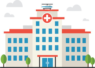 Modern hospital building facade with medical cross symbol detailed exterior view isolated on transparent background