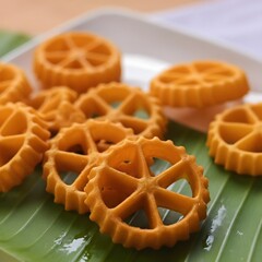 Crisp and golden Sri Lankan Kokis with delicate floral patterns, fried in coconut oil, resting on banana leaf under soft daylight — a beloved Avurudu festive sweet.