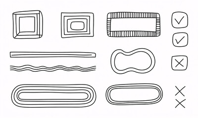 Collection of handdrawn doodle shapes and symbols, including rectangles, ovals, wavy lines, and checkmarks, isolated on white background