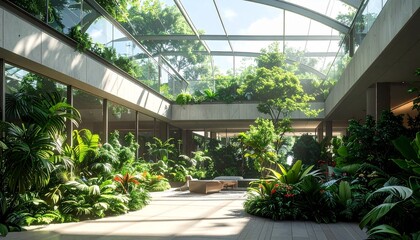 Modern indoor garden with lush green plants and trees under a glass roof, featuring natural light and contemporary architecture.