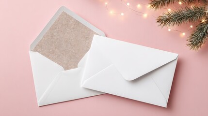 Blank Christmas card and envelope mockup on soft pink background minimalist festive template for holiday greetings New Year invitations seasonal branding designs and elegant winter celebration visuals