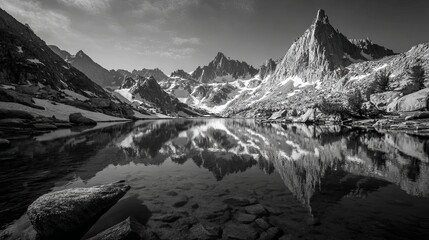 Stunning alpine lake mirrors jagged peaks and snowy slopes in dramatic black and white landscape
