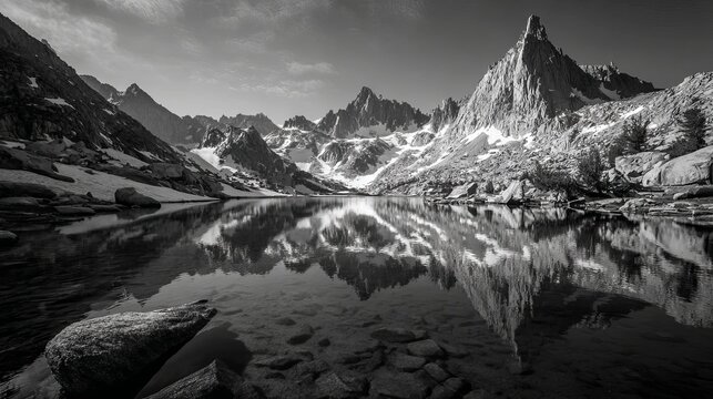 Stunning alpine lake mirrors jagged peaks and snowy slopes in dramatic black and white landscape - Powered by Adobe