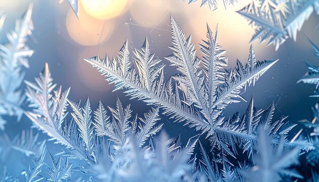Close-up of intricate frost patterns resembling ferns on a window, backlit by a soft, blurred light.