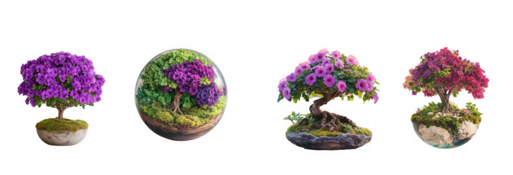 Four decorative bonsai trees and a spherical plant arrangement isolated on transparent background