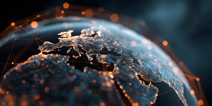 Global network connections illuminated across earth s surface showing city lights and digital data flow - Powered by Adobe