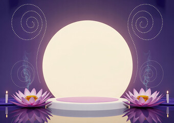 A serene 3d render of a glowing full moon behind a podium, flanked by lotus flowers and subtle sparkling lights, creating a mystical ambiance