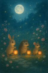 Cute Animals Walking with Lanterns Under the Starry Night Sky
