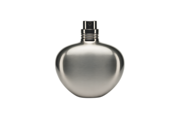Sleek metallic oval flask shaped perfume bottle isolated on transparent background