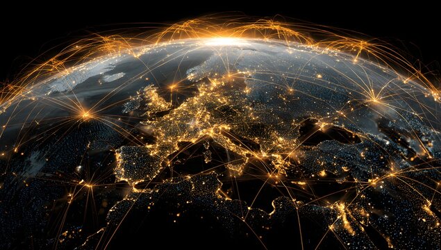 Vibrant earth city lights illuminate the globe from space with a fiery atmospheric glow