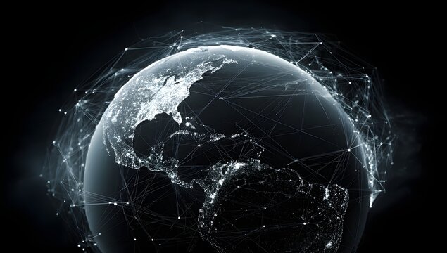 Illuminated planet earth rotating in a dark starry expanse with swirling cosmic dust