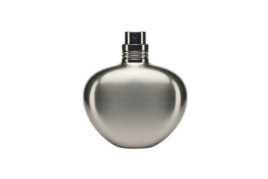 Sleek metallic oval flask shaped perfume bottle isolated on transparent background
