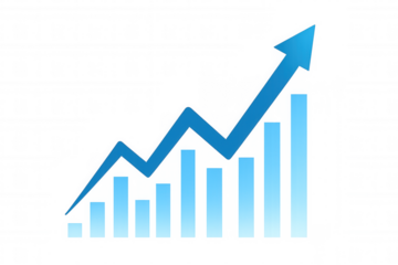 Business growth chart with an upward arrow and rising bars representing market success and financial increase