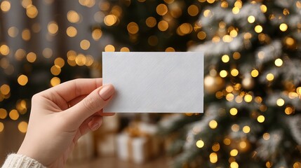 Hand holding blank greeting card mockup in front of golden Christmas tree with warm twinkling lights in a cozy festive room winter holiday template with copy space for invitation message and branding