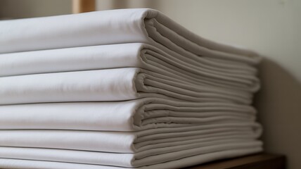 Stack of neatly folded white bed sheets or linens on a wooden surface