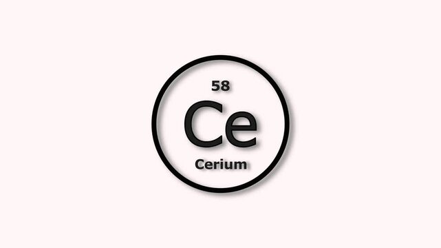 Cerium element icon animation. Atomic number 58, chemical symbol Ce, on white background 4k video.