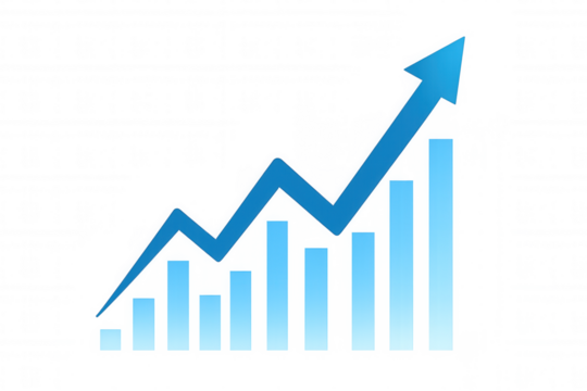 Business growth chart with an upward arrow and rising bars representing market success and financial increase