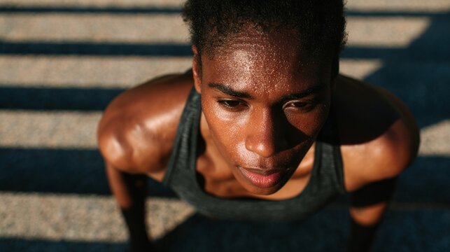 Woman athlete in gym, sweaty after workout. - Powered by Adobe