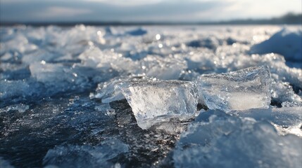 Close-up macro view of shimmering ice texture featuring frozen crystals, frost patterns, and transparent glacier details, showcasing the cold beauty of winter nature and abstract frozen surface design
